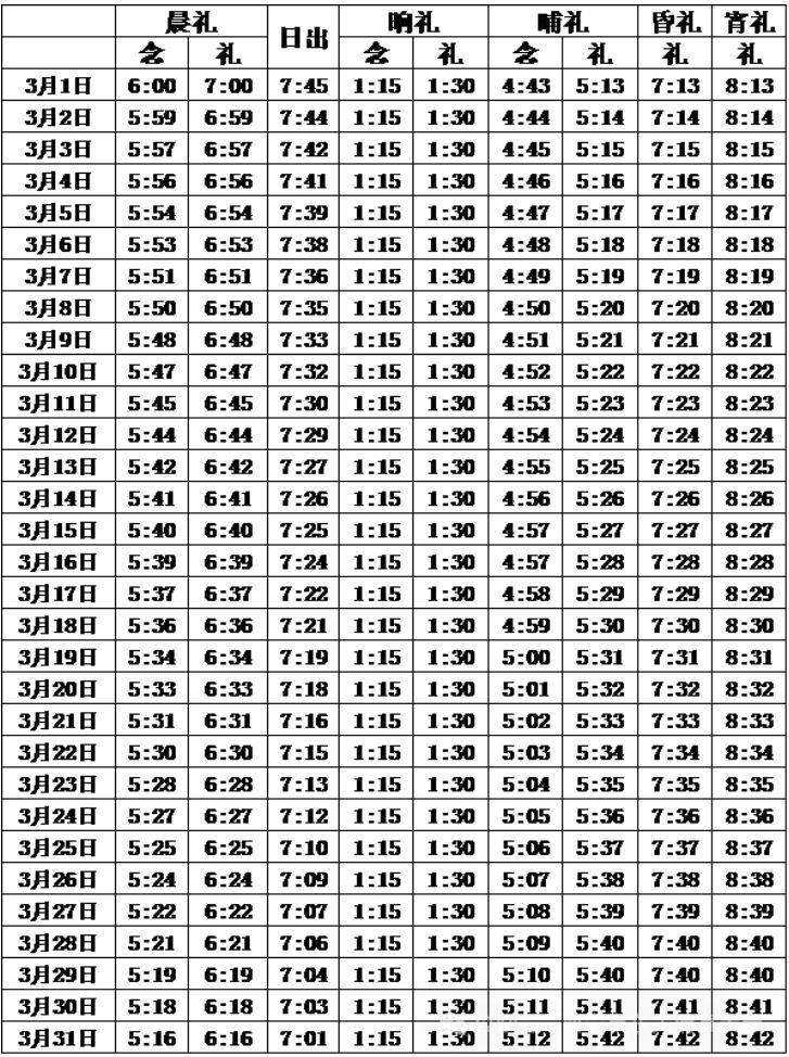 2025西宁3月五时拜功时间表