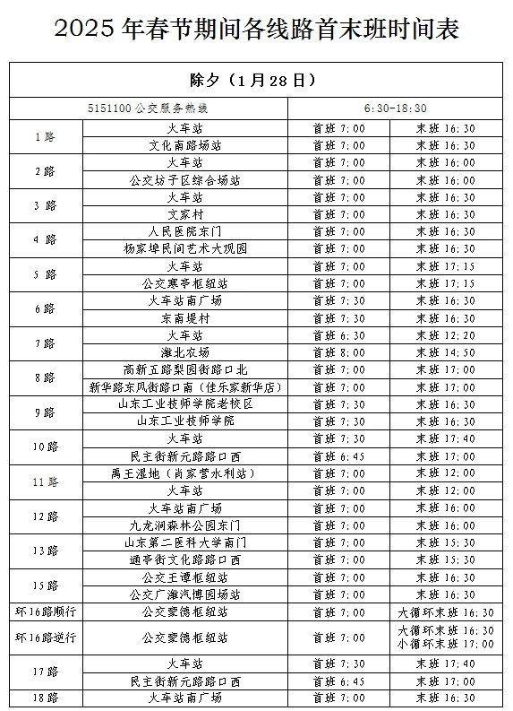 2025年潍坊公交春节运营时间调整