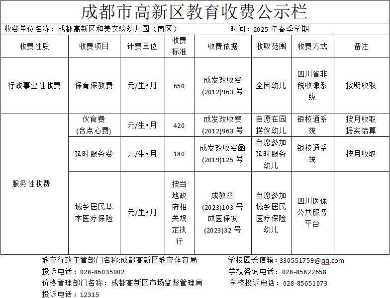 2025年成都高新区和美实验幼儿园春季学期收费公示（2）