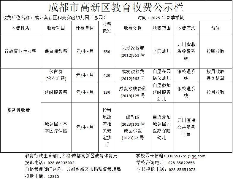 2025年成都高新区和美实验幼儿园春季学期收费公示